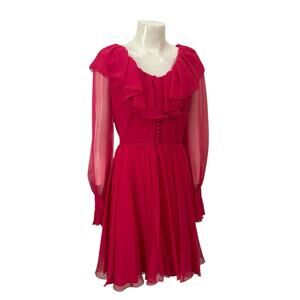 Vintage 60s Pink Chiffon Flowy Short Dress Sheer Ruffled Dress / Small -